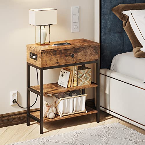 IRONCK Side Tables Bedroom, End Table with Pull-Down Drawer, Nightstand with Charging Station, Easy Assembly, Industrial Living Room Tables with Storage, Rustic Brown | The Storepaperoomates Retail Market - Fast Affordable Shopping