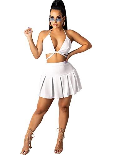 Women’s 2 Piece Dress Outfits Skirts Set Sleeveless Deep V Neck Crop Top Bodycon Mini Pleated Tennis Skirt White XX-Large | The Storepaperoomates Retail Market - Fast Affordable Shopping