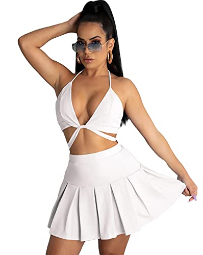 Women’s 2 Piece Dress Outfits Skirts Set Sleeveless Deep V Neck Crop Top Bodycon Mini Pleated Tennis Skirt White XX-Large | The Storepaperoomates Retail Market - Fast Affordable Shopping