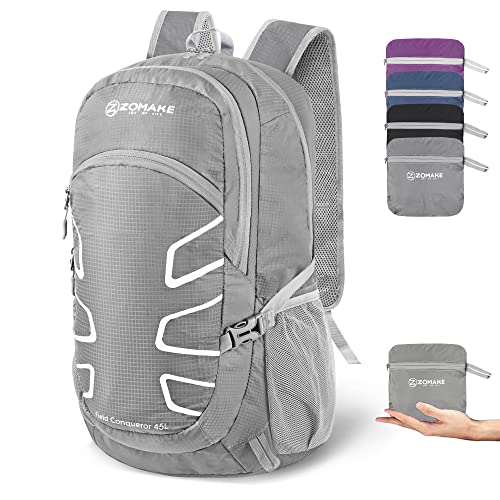 ZOMAKE 45L Lightweight Packable Backpack – Light Foldable Hiking Backpacks Water Resistant Large Folding Daypack for Travel(Light Gray)