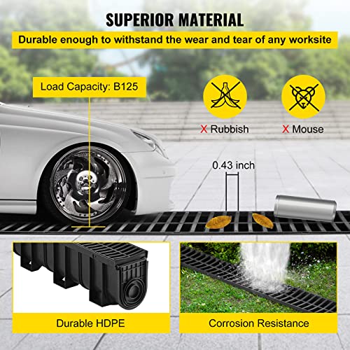 VEVOR Trench Drain System, Channel Drain with Plastic Grate, 5.9×7.5-Inch HDPE Drainage Trench, Black Plastic Garage Floor Drain, 5×39 Trench Drain Grate, with 5 End Caps, for Garden, Driveway-5 Pack | The Storepaperoomates Retail Market - Fast Affordable Shopping