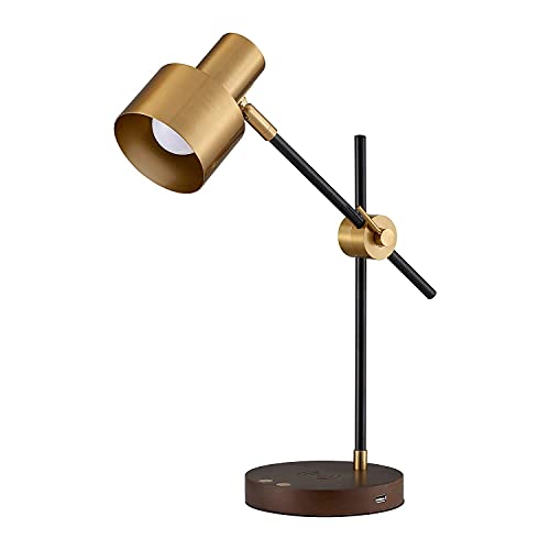 Yeefamons Desk Lamp with Wireless Charg and USB Port, Swing Arm,Brass Metal,Wood Bedside Nightstand Lights, Mid Century Modern Reading Lamp for Bedroom, Living Room, Office（5Watts Bulb Included）