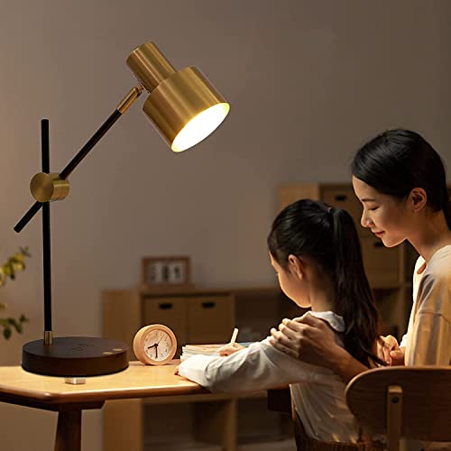 Yeefamons Desk Lamp with Wireless Charg and USB Port, Swing Arm,Brass Metal,Wood Bedside Nightstand Lights, Mid Century Modern Reading Lamp for Bedroom, Living Room, Office（5Watts Bulb Included） | The Storepaperoomates Retail Market - Fast Affordable Shopping