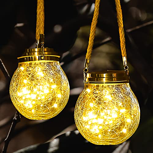 ZQX Outdoor Hanging Solar Lights,2 Pack 30 LED Solar Cracked Glass Ball Lanterns with Handle,Waterproof Solar Decorative Lights for Garden Patio Yard Christmas Wedding Party Decor(Warm White)
