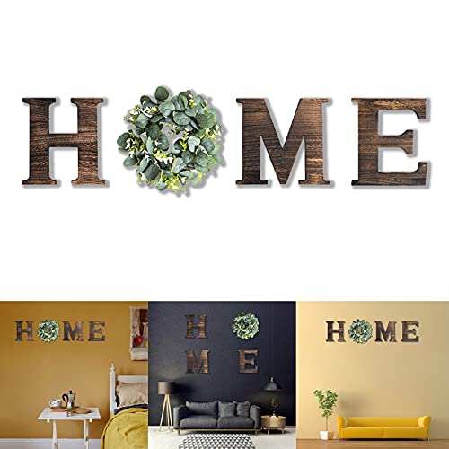 Wooden Home Sign with Wreath Wood Home Hanging Letters for Home Wood Home Sign with Artificial Eucalyptus for O Home Letters with Wreath Rustic Wall Hanging Decor for Living Room House Gift SierTing
