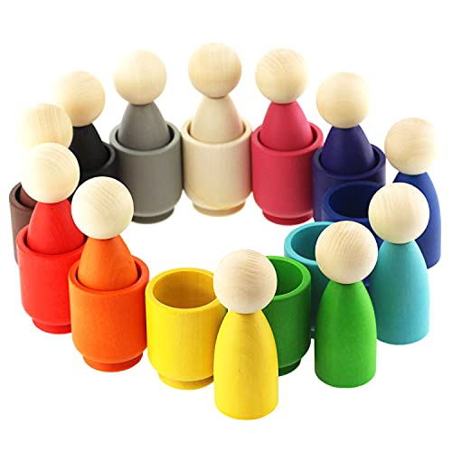 Ulanik Peg Dolls in Cups Montessori Toy Wooden Sorter Game 12 Gnomes 85 mm Age 3+ Color Sorting and Counting Peg Dolls Preschool Learning Education, Multi