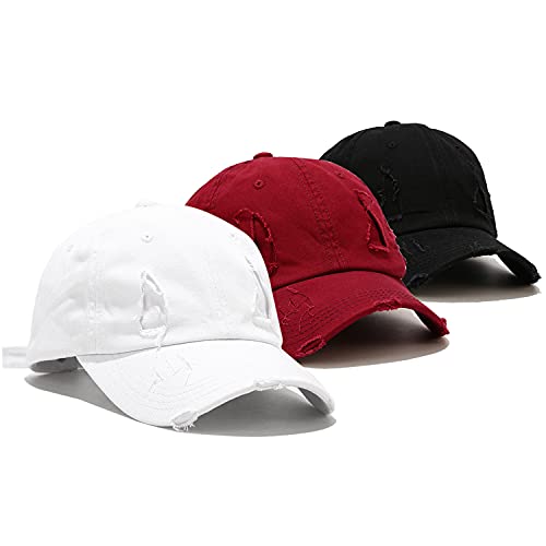 3 Pack Baseball Cap Vintage Distressed Low Profile Unstructured Cotton Dad Hat Adjustable for Women Men (C Broken Patch Black, White, Burgundy) | The Storepaperoomates Retail Market - Fast Affordable Shopping