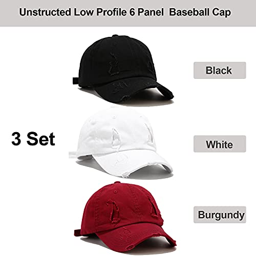 3 Pack Baseball Cap Vintage Distressed Low Profile Unstructured Cotton Dad Hat Adjustable for Women Men (C Broken Patch Black, White, Burgundy) | The Storepaperoomates Retail Market - Fast Affordable Shopping