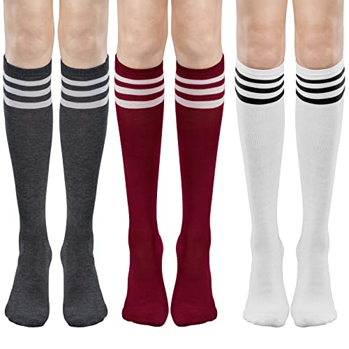 DRESHOW 3 Pairs Casual Tube Socks Cotton Knee High Socks for Women Solid Knit Knee Long Stocking Leg Warmer All Season Gift