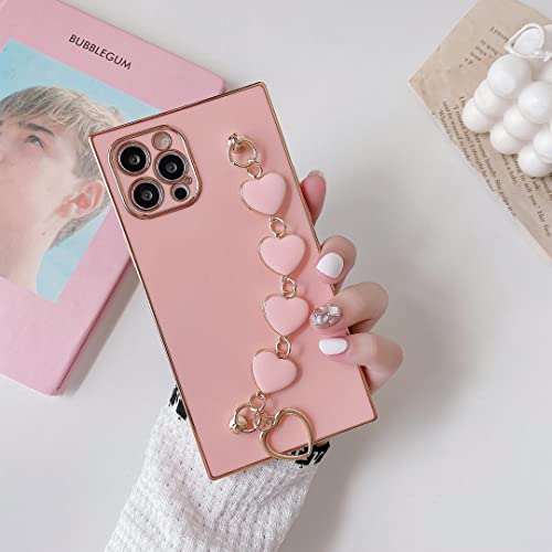 Qokey Compatible with iPhone 12 Pro Max Case 6.7 inch Luxury Plating Soft TPU Square Case with Love Heart Chain Bracelet Strap Shiny Cute Pretty Protective Phone Cover for Women Grils Pink | The Storepaperoomates Retail Market - Fast Affordable Shopping