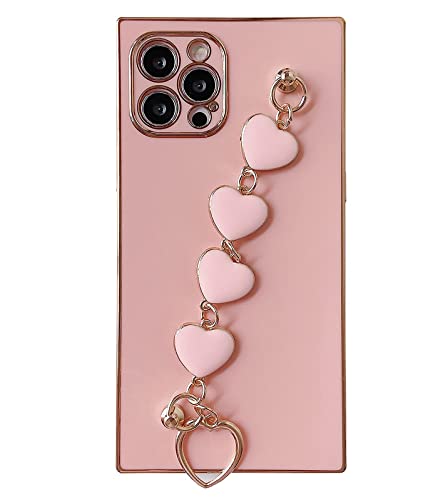Qokey Compatible with iPhone 12 Pro Max Case 6.7 inch Luxury Plating Soft TPU Square Case with Love Heart Chain Bracelet Strap Shiny Cute Pretty Protective Phone Cover for Women Grils Pink | The Storepaperoomates Retail Market - Fast Affordable Shopping