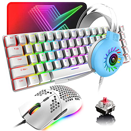 60% Mechanical Gaming Keyboard and Mouse and Mouse pad and Gaming Headset,4 in 1 Wired 68 Keys LED RGB Backlight Bundle for PC Gamers,Xbox,PS4 Users (White/Red Switch)