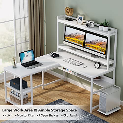 Tribesigns L-Shaped Desk with Hutch and Storage Shelves, 59 Inch Corner Computer Office Desk Gaming Table Workstation with Bookshelf and Monitor Stand for Home Office(White) | The Storepaperoomates Retail Market - Fast Affordable Shopping