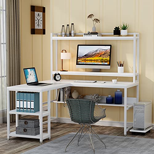 Tribesigns L-Shaped Desk with Hutch and Storage Shelves, 59 Inch Corner Computer Office Desk Gaming Table Workstation with Bookshelf and Monitor Stand for Home Office(White) | The Storepaperoomates Retail Market - Fast Affordable Shopping