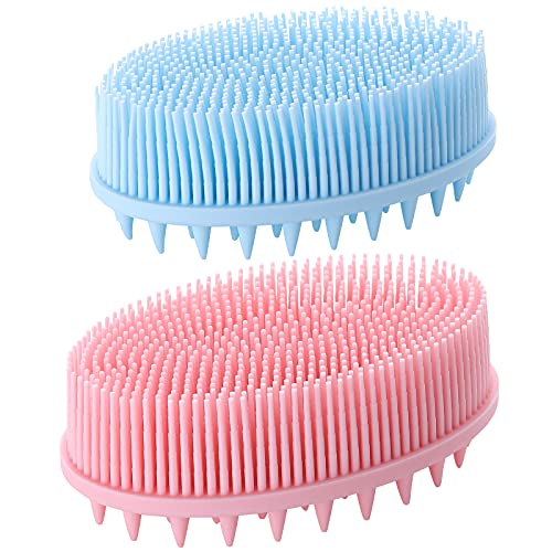 Silicone Body Scrubber – 2 Pack Exfoliating Silicone Shower Brush, Wet & Dry Brushing, Softer & Durable than Loofah, Care for All Skin Types, Gentle Massage and Fine Cleansing – Blue & Pink
