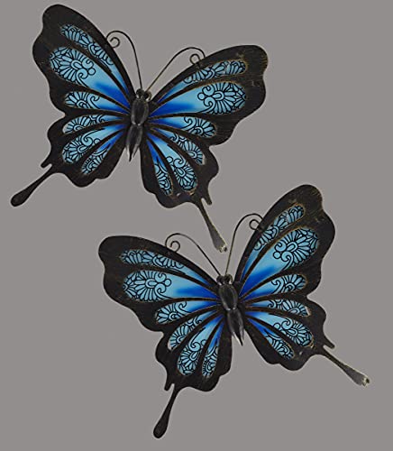 SeasonsEasy Metal and Glass Butterfly Outdoor Patio Garden Wall Decor or Indoor Living Room, Bedroom, Kitchen, Bathroom – Set of 2 Sculpture Butterflies with Blue Design Inserts | The Storepaperoomates Retail Market - Fast Affordable Shopping