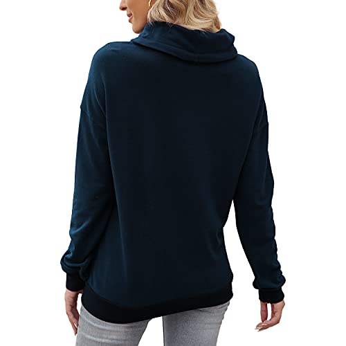 Davenil Women’s Sweatshirts with Pocket Cowl Neck Sweaters Long Sleeve Pullover Casual Loose Color Block Tops with Drawstring Blue L | The Storepaperoomates Retail Market - Fast Affordable Shopping