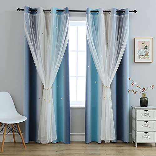 Anytime Blackout Star Kids Curtains for Girls Bedroom Living Room，Rainbow Stripe Double Layer Gradient Window Curtains (Blue,2 Panels Set,W52 x L84inch)