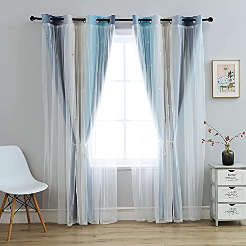 Anytime Blackout Star Kids Curtains for Girls Bedroom Living Room，Rainbow Stripe Double Layer Gradient Window Curtains (Blue,2 Panels Set,W52 x L84inch) | The Storepaperoomates Retail Market - Fast Affordable Shopping