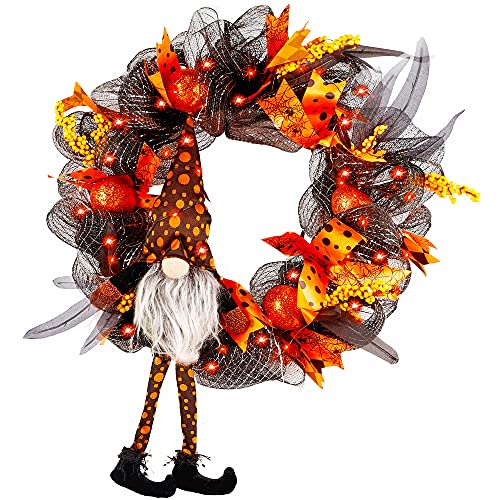 yosager Halloween Wreaths, Halloween Decorations Gnome Black Wreath, Lighted with 30 LED Orange Copper Lights, Front Door Wall Light up Elf Wreath Ornaments Holiday Party Thanksgiving Decor
