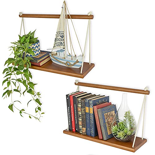 HELYA DESIGN Hanging Bookshelf for Wall Set of 2 | Stunning Solid Pine Hanging Book Shelves for Wall. 40LB Max | Macrame Rope Floating Bookshelves for Nautical Decor | Varnished Hanging Book Shelf