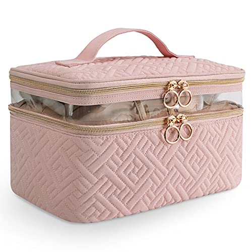 KIPBELIF Exquisite Large Travel Makeup Bag – Double Layer Makeup Case Organizer with Carry Handle, Cosmetic Bag with Top Layer for Brushes, Tweezers, Eyeliner, Pink