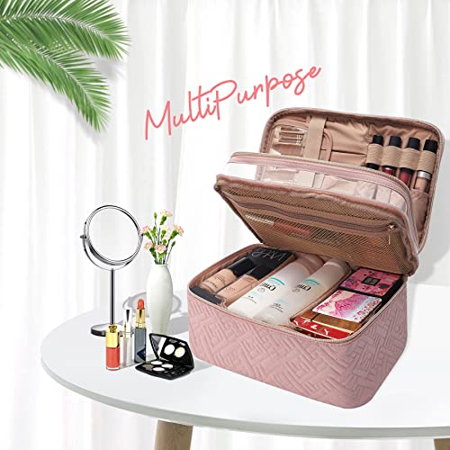 KIPBELIF Exquisite Large Travel Makeup Bag – Double Layer Makeup Case Organizer with Carry Handle, Cosmetic Bag with Top Layer for Brushes, Tweezers, Eyeliner, Pink | The Storepaperoomates Retail Market - Fast Affordable Shopping