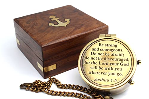 Be Strong and Courageous Do Not Be AfraidAntique Nautical Vintage Directional Magnetic Compass with Famous Scripture Quote Engraved Baptism Gifts with Wooden Case for Loved Ones, Son, Father, Love,
