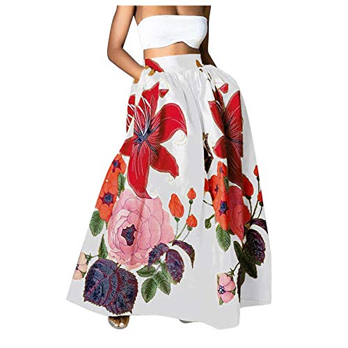 CloudLg Women Summer Dresses Bohemian Floral Print Skirt High Waist Party Beach Pocket Long Maxi Skirt White127 X-Large