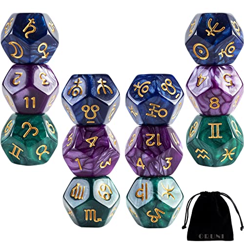 4 Set Tarot Cards Dice 12-Sided D12 Astrological Dice Resin Pearl Constellation Sign Dice for Astro Divination Gaming Accessories