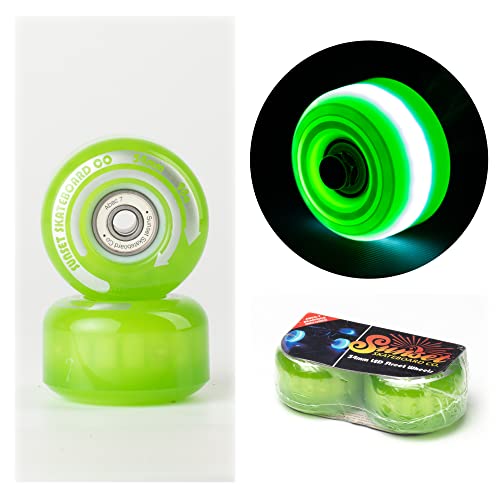 Sunset Skateboard Co. 54mm LED Light-Up Street Wheels (2-Pack) with ABEC-7 Carbon Steel Bearings for Glow-in-The-Dark, All Ages & Skill Levels Skating Fun with No Batteries Required (Green)