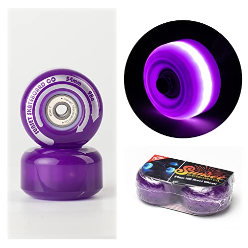 Sunset Skateboard Co. 54mm LED Light-Up Street Wheels (2-Pack) with ABEC-7 Carbon Steel Bearings for Glow-in-The-Dark, All Ages & Skill Levels Skating Fun with No Batteries Required (Purple)