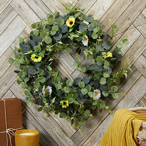 Artificial Eucalyptus Wreath with Flowers for Front Door, Spring Home Decor (18 in) | The Storepaperoomates Retail Market - Fast Affordable Shopping