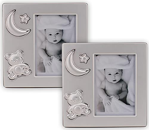 Embossed Metal Silver Baby And Child Photo Frame Set of 2, Sweet Little Bear And Moon Star Hold Photo 7 x 10 cm | The Storepaperoomates Retail Market - Fast Affordable Shopping
