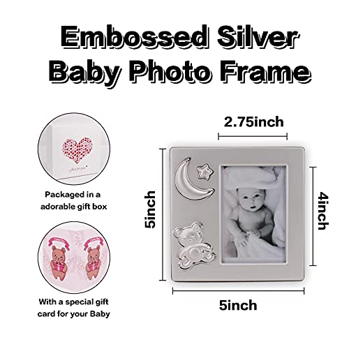 Embossed Metal Silver Baby And Child Photo Frame Set of 2, Sweet Little Bear And Moon Star Hold Photo 7 x 10 cm | The Storepaperoomates Retail Market - Fast Affordable Shopping