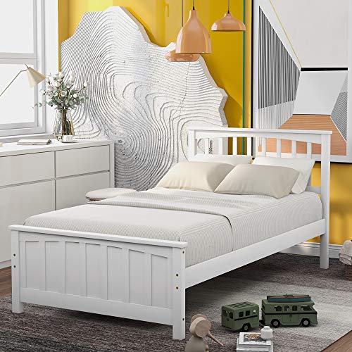 P PURLOVE Solid Wood Twin Size Platform Bed Wooden Bed Frame with Headboard for Guests Room,Bedroom(White)