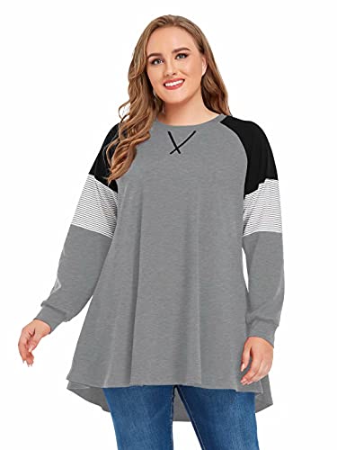 JollieLovin Crewneck Lightweight Sweatshirts for Women Plus Size Color Block Pullover Tops Long Sleeve Raglan Shirt HeatherGray 3X