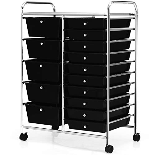GOFLAME 15-Drawer Rolling Storage Cart, Multipurpose Movable Organizer Cart, Utility Cart for Home, Office, School (Black)