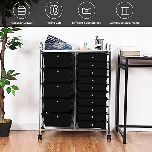 GOFLAME 15-Drawer Rolling Storage Cart, Multipurpose Movable Organizer Cart, Utility Cart for Home, Office, School (Black) | The Storepaperoomates Retail Market - Fast Affordable Shopping