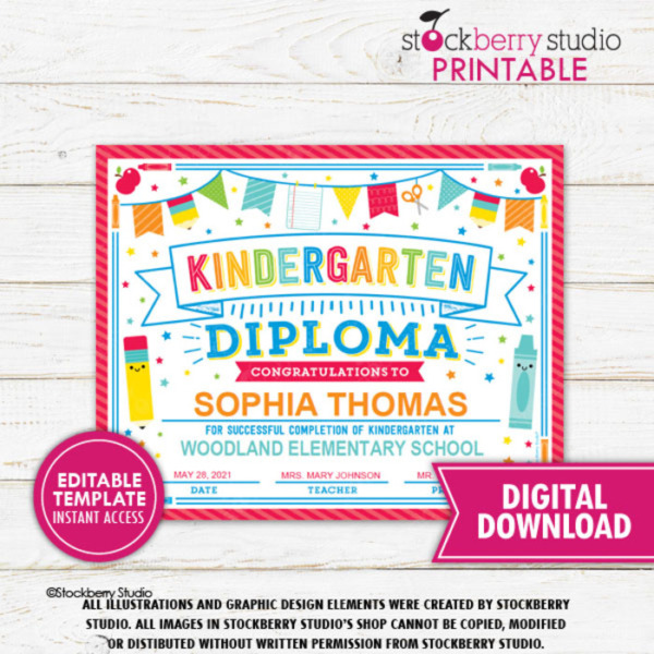 Kindergarten Graduation Diploma Recognition Certificate Printable Editable