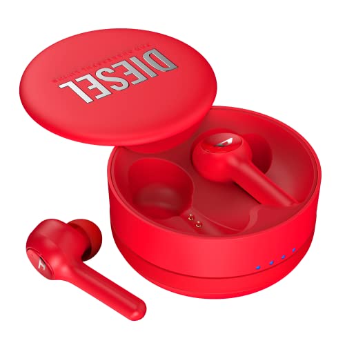 Diesel True Wireless Earbuds, in Ear Bluetooth Headphones with 32 Hr Playtime, Wireless Charging Case, Waterproof Headset, LED Battery Power Indicator, iPhone and Android Compatible Earphones, Red