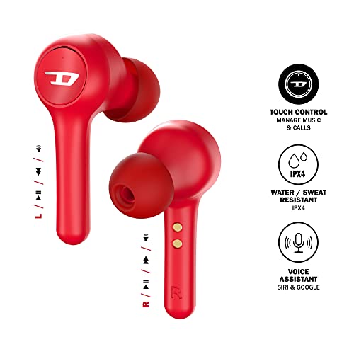 Diesel True Wireless Earbuds, in Ear Bluetooth Headphones with 32 Hr Playtime, Wireless Charging Case, Waterproof Headset, LED Battery Power Indicator, iPhone and Android Compatible Earphones, Red | The Storepaperoomates Retail Market - Fast Affordable Shopping