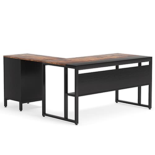 Tribesigns L Shaped Desk with 2 File Drawers and Bookshelf, 55 inch Computer Office Desk with Storage Shelf and Cabinet, Industrial Corner Desk Writing Table for Home Office | The Storepaperoomates Retail Market - Fast Affordable Shopping