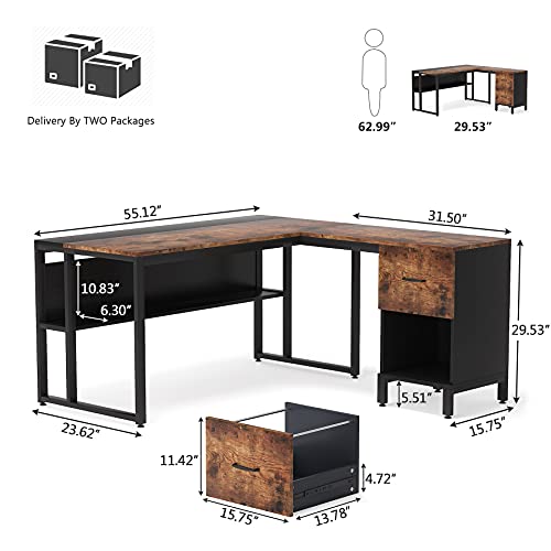 Tribesigns L Shaped Desk with 2 File Drawers and Bookshelf, 55 inch Computer Office Desk with Storage Shelf and Cabinet, Industrial Corner Desk Writing Table for Home Office | The Storepaperoomates Retail Market - Fast Affordable Shopping