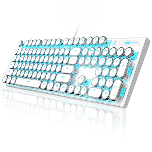 Camiysn Typewriter Style Mechanical Gaming Keyboard, White Retro Punk Gaming Keyboard with Blue Backlit, 104 Keys Blue Switch Wired Cute Keyboard, Round Keycaps for Windows/Mac/PC