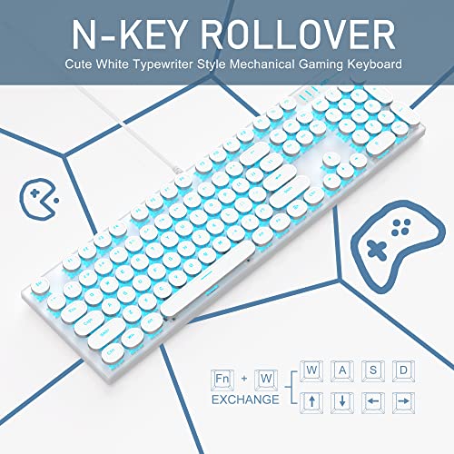 Camiysn Typewriter Style Mechanical Gaming Keyboard, White Retro Punk Gaming Keyboard with Blue Backlit, 104 Keys Blue Switch Wired Cute Keyboard, Round Keycaps for Windows/Mac/PC | The Storepaperoomates Retail Market - Fast Affordable Shopping