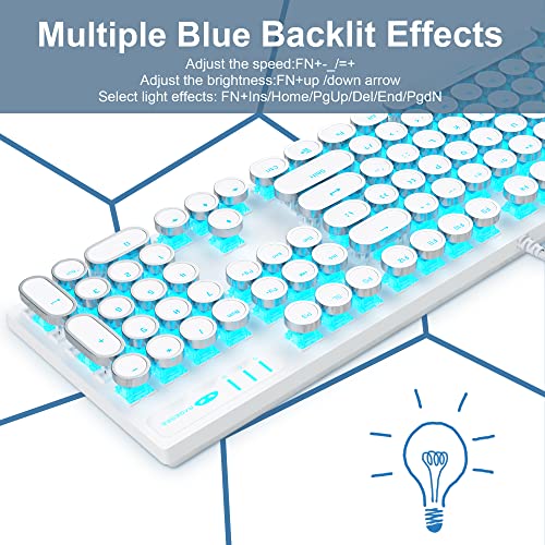 Camiysn Typewriter Style Mechanical Gaming Keyboard, White Retro Punk Gaming Keyboard with Blue Backlit, 104 Keys Blue Switch Wired Cute Keyboard, Round Keycaps for Windows/Mac/PC | The Storepaperoomates Retail Market - Fast Affordable Shopping