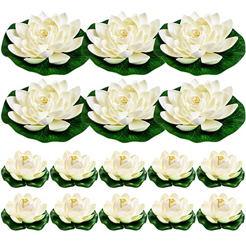 16Pcs Artificial Floating Pool Flowers, Ivory White Plastic Lotus Flower with Water Lily Pads, Pond Pool Lotus Ornaments for Patio Garden Aquarium Home Party Wedding Decor