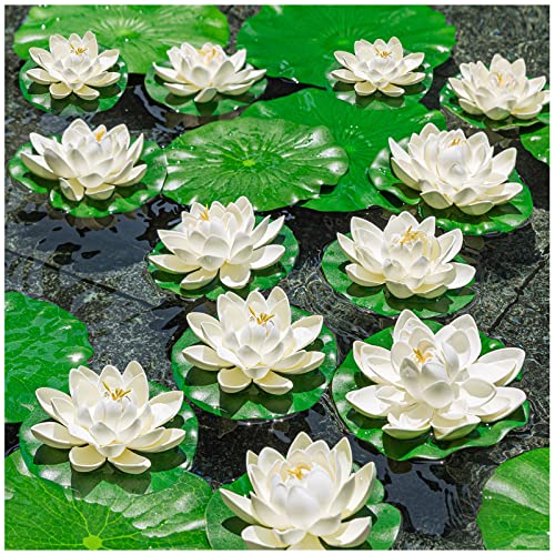 16Pcs Artificial Floating Pool Flowers, Ivory White Plastic Lotus Flower with Water Lily Pads, Pond Pool Lotus Ornaments for Patio Garden Aquarium Home Party Wedding Decor | The Storepaperoomates Retail Market - Fast Affordable Shopping