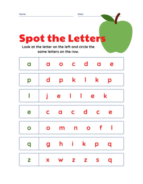 Using the Whole Apple letter recognition worksheet